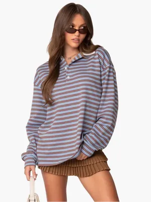 Edikted Stripe Long Sleeve Oversize Polo Fall Oversized Small thumbnail 3