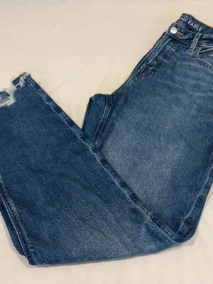American Eagle Mom Jean Strigid Raw Hem Medium Blue Denim High-Rise Size 8 thumbnail 4