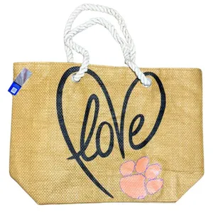 Clemson Tiger Paw Love Oversized Jute Straw Tote Bag Rope Handles NWT thumbnail 1