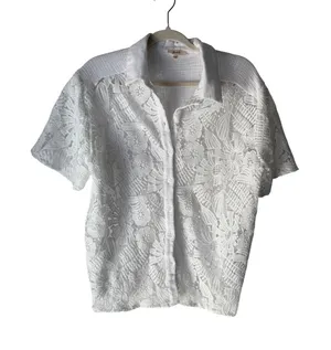 Peach White Lace Crochet Button Down Short Sleeve Shirt Top L Coquette Victorian thumbnail 1