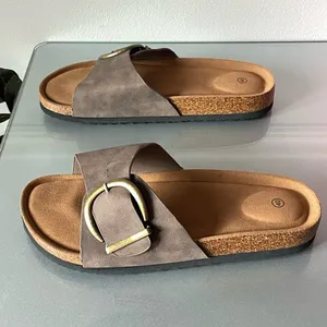 Taupe Buckle Slide Sandals Women’s EU 40 Faux Leather Comfort Casual Flat thumbnail 3