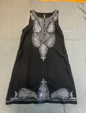 Free People Black Silver Embroidered Sequin Paisley Mini Dress Size 2 thumbnail 3
