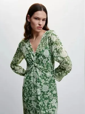 NWT Mango MNG Floral Sheer Green White Romantic Twist Front Midi Dress XS $129 thumbnail 4