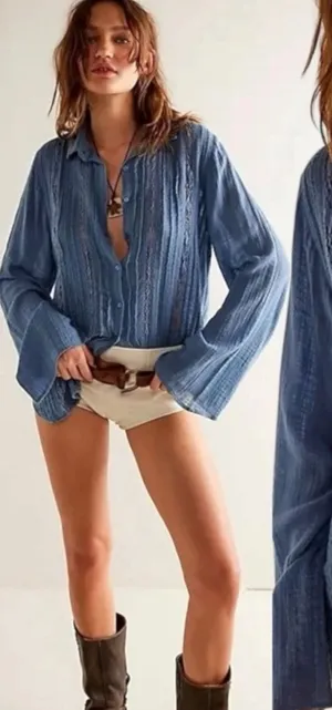 Free People FP One Mila Shirt Blue Ethereal Dainty Romantic Lace Gauze Small thumbnail 1