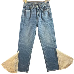 533 | American Eagle Low Rise Baggy Jean Lace Insert Flare Coquette Y2K 00 Short thumbnail 1
