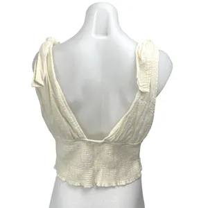 Free People Cream White Sleeveless V-neck Tie Shoulder Smocked Crop Tank Top M thumbnail 2