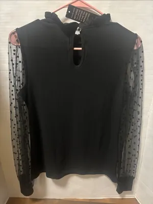 Blooming Jelly Black Ruffle Neck Polka Dot Mesh Sleeve Top S Dopamine Preppy Lux thumbnail 3