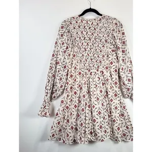 ZARA Mini Dress Beige Floral Puff Sleeve V Neck Lace Up Ruffle A Line Boho XS thumbnail 9