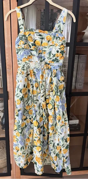 Abercrombie emerson midi dress linen lemons print petite a&f square neck pockets thumbnail 1