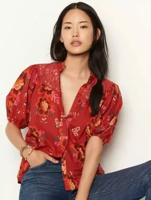 Anthropologie Farm Rio Giustina Lace Blouse Top Short Sleeve Floral Red XS thumbnail 1