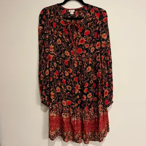 Billabong Dress Long Sleeve Mini Dress Dark Floral V Neck Red Black Medium thumbnail 2