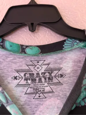 Crazy Train Turquoise Jewelry Print Western Boutique Raglan Top Medium M Cowgirl thumbnail 8