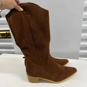 Brown Faux Suede Western Cowboy Boots Pointed Toe Side Zip Block Heel Size 44-12 thumbnail 6