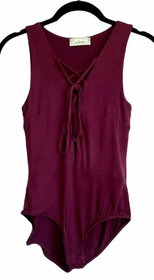 Solemio Maroon Lace Up Snap Bottom Bodysuit Size Small thumbnail 1