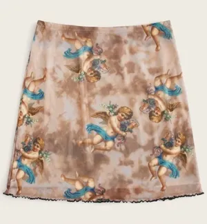 Mesh Cherub Angel Print Mini Skirt Y2K Renaissance Grunge Whimsigoth Cupid LG thumbnail 1
