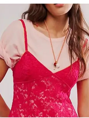 Women’s Intimately Free People Hot Pink Floral Lace Mini Slip Dress Size L thumbnail 2