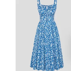 Scarlet Darkness Blue Floral Milkmaid Midi Dress Cottagecore Smocked sz Large thumbnail 6
