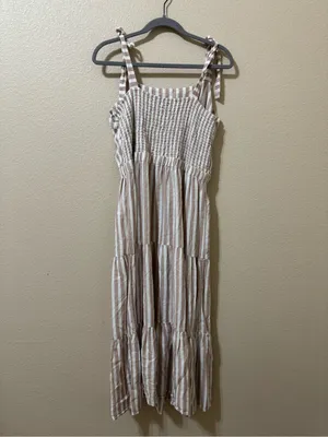 The Limited Linen Blend Tiered Midi Dress XL Beige White Stripe Tie Shoulderboho thumbnail 3