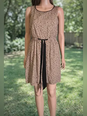 LOFT Petite XS Neutral Polka Dot Dress Tan Black Elastic Waist Lined Summer Mini thumbnail 2