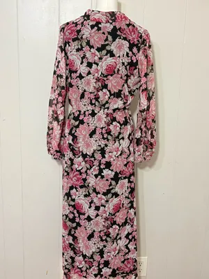 Bardot Floral Wrap Maxi Dress Ruffle Side Slit Black Pink Size M thumbnail 6