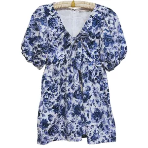 NWT Abercrombie Floral Poplin Mini Dress Puff Sleeve Large Blue Cottage Coquette thumbnail 3