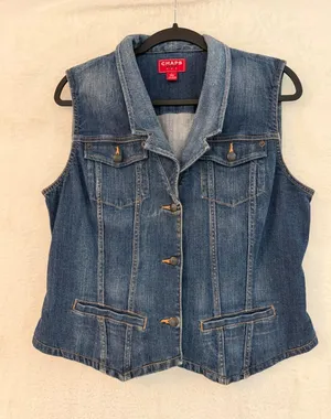 Chaps Denim Vest Womens L Blue Jean Button Front Cinch Back Stretch Medium Wash thumbnail 1