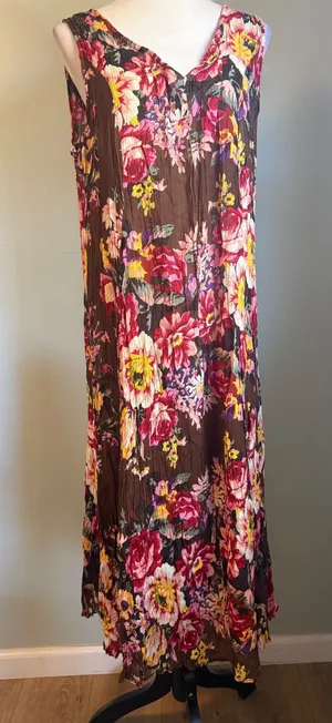 Vintage Floral Crinkle Maxi Dress L boho‎ whimsi dainty beach Brown Sleeveless thumbnail 1