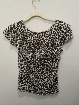 Maeve Anthropologie Olive Green White Abstract Print Ruffle Sleeve Top Size XS‎ thumbnail 4