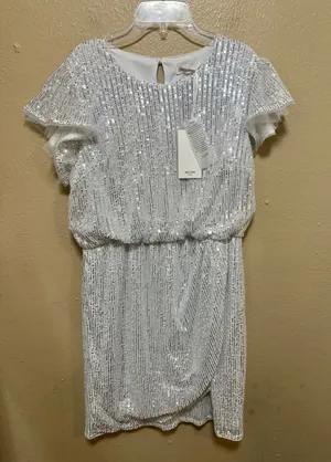 Grace Kari‎ Women Silver Sequin Tulle Flutter Sleeve Ruched Waist Party Dress L thumbnail 1