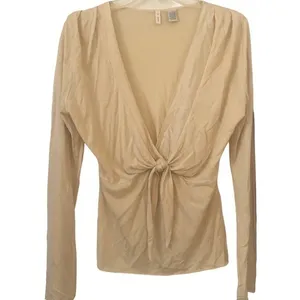 Anthropologie Moth Pale Yellow Vneck Plunge Knotted Pullover Top L thumbnail 2