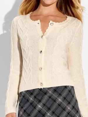 wild fable Cream Scalloped Cable-Knit Button Cardigan thumbnail 1
