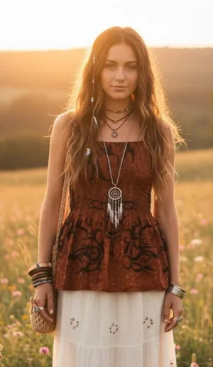 Peaceful People Boho Smocked Tank Top Brown Black Tribal Print Size L thumbnail 1