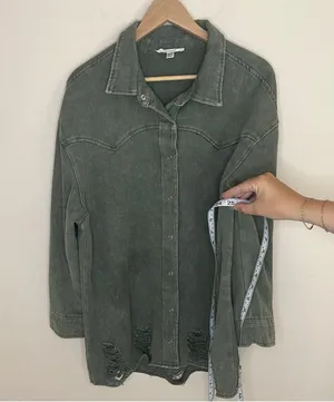 12Th Tribe Womens Dark Olive Green Distressed Shacket Button Up One Size Jacket thumbnail 3