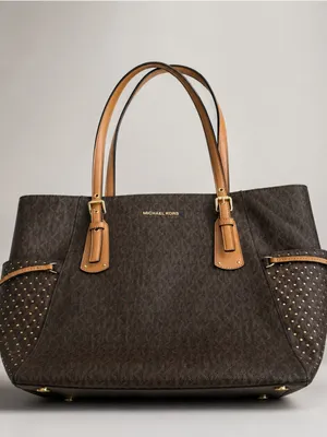 Michael Kors Tote East West Signature Jacquard Voyager Dark Brown Bag Purse thumbnail 2
