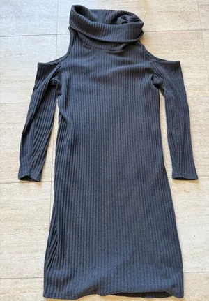 Milky Way Cold Shoulder Dress Ribbed Knit‎ Turtleneck Gray Dress thumbnail 1