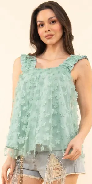 XL Blue Velvet NWT Floral Ruffle Green Top thumbnail 1