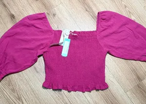 Daisy & Delilah Florence Smocked Crop Top Magenta Pink Linen Blend Puff Sleeve M thumbnail 1