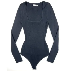 Abercrombie & Fitch Black Ribbed Square Neck Long Sleeve Bodysuit Small EUC thumbnail 2