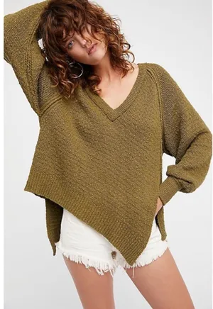 Free People West Coast Asymmetrical V Neck Long Sleeve Sweater Green XS thumbnail 1