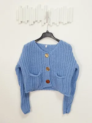 Miss Sparkling Blue Chunky Knit Cropped Cardigan Gold Button Pocket Sweater thumbnail 2