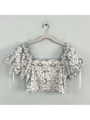 LoveShackFancy Melina Broderie‎ Anglaise Blue Eyelet White Puff Sleeve Crop Top thumbnail 3