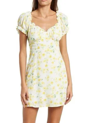 Large Sophie Rue Rayon Puff Sleeve Mini Dress Butter Yellow Floral Sundress thumbnail 1