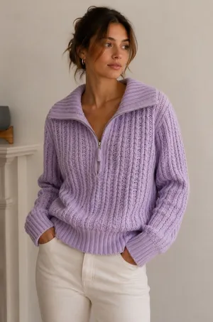Aerie Lavender Cable Knit Quarter Zip Sweater Oversized Mock Neck Pullover thumbnail 1