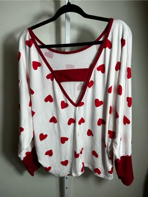 176. Bibi- Red Heart Print Women's Top - White and Red Dolman sleeve -oversized thumbnail 3