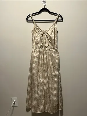 HILL HOUSE (NWT) The Juliana Midi Dress in Basketweave, Beige/White, Size M thumbnail 4