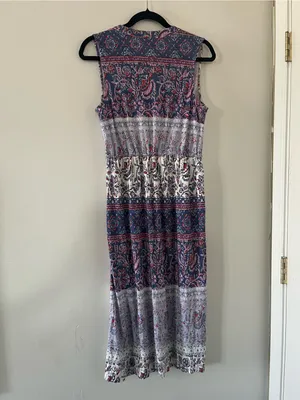 Lucky Brand Blue Red Paisley Midi Dress Small Summer Resort Vacation Beach thumbnail 5