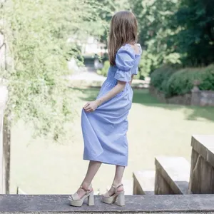 Damaris Bailey Azul Dress Smocked Puff Sleeve Midi Gingham Blue‎ Large NWT thumbnail 7