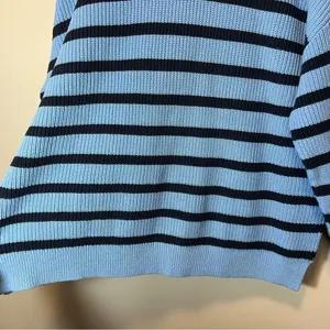 Loft Women’s Blue and‎ Navy Striped Mock Neck Button Sweater XLP thumbnail 6