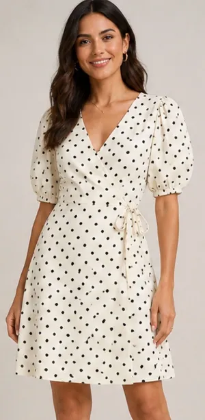 a new day Cream Polka Dot Puff-Sleeve Wrap Dress size XS thumbnail 1