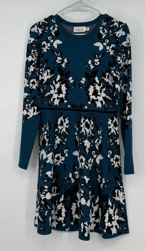 Eliza J Teal Blue Floral Knit Long Sleeve Fit‎ & Flare Sweater Dress Medium thumbnail 1